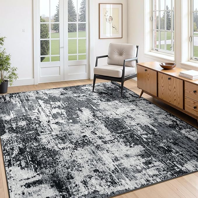 Washable Area Rugs 6'x8' Non-Slip Modern Abstract Soft for Living Room Entryway Bedroom Nursery, Print Pattern, Black Gray