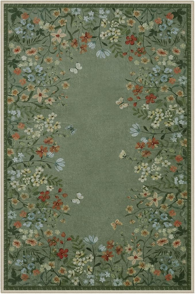 Wonnitar Washable Area Rug 4x6, Green Floral Rugs for Living Room, Non-Slip Large Kitchen Throw Mat, Low-Pile Indoor Botanical Floor Carpet for Girls Bedroom Laundry Entrance (Green,4'x6')