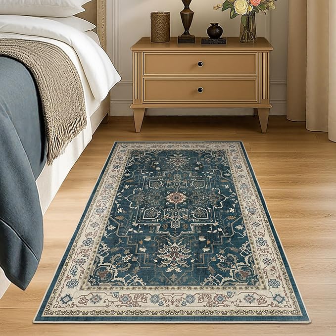 Dark Blue Throw Rugs for Entryway, Washable 4x6 Dark Rug with Rubber Backing for Living Room Bedroom, Vintage Medallion Distressed Area Rug for Kitchen/Bathroom/Dorm/Home Office