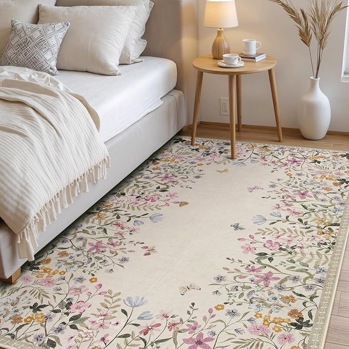 Wonnitar Washable 5x7 Rug for Living Room, Floral Print Large Bedroom Area Rug, Non-Slip Dining Table Throw Mat, Botanical Area Rug Carpet for Entry Basement Dorm (Beige,5'x7')