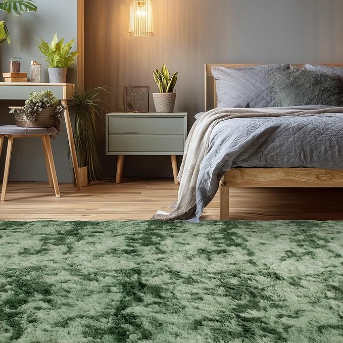 Andency 8x10 Area Rugs for Living Room, Non-Slip Fluffy Soft Large Shag Bedroom Carpet, Tie-Dyed Army Green Big Indoor Thick Nursery Rug for Kids Dorm Home Decor Aesthetic