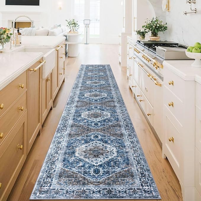KOZYFLY Runners for Hallways 2.6x16 Ft Extra Long Washable Kitchen Runner Rug Boho Runner Rug for Entryway Indoor Blue Printed Oriental Faux Wool Stair Floor Carpet Runner for Stair Kitchen Hall