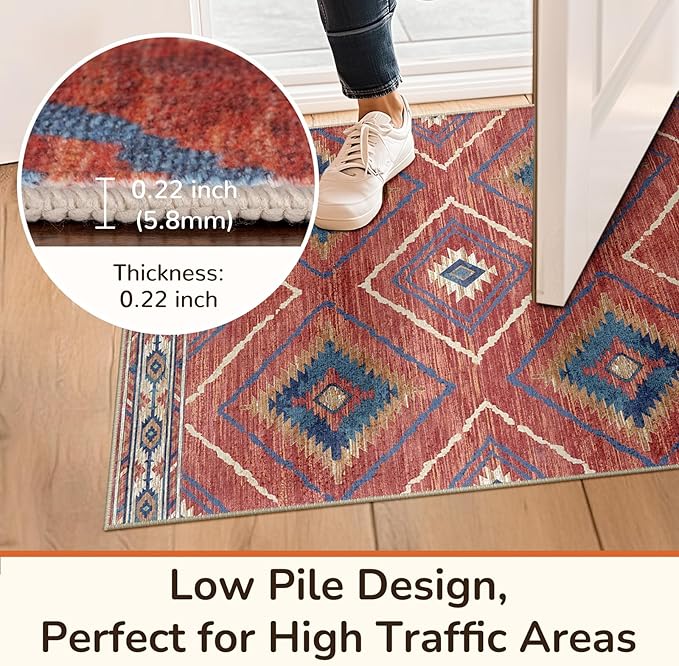Area Rug 2x5 Rug Machine Washable Non-Slip Low Pile Print Pattern Western Rug for Living Room Bedroom Entryway Tribal Series-Red/Orange