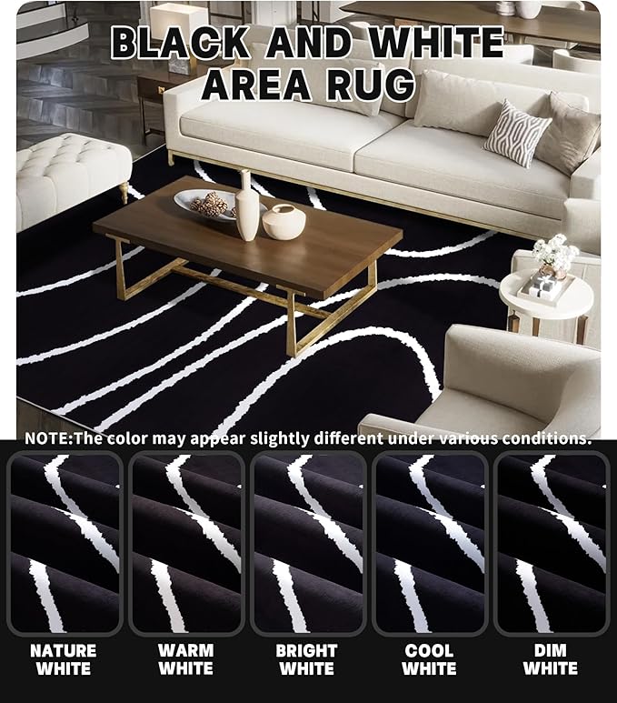 YIHOUSE Black Modern Area Rug 5x7,Abstract Rugs for Bedroom,Black and White Geometric Rug,Minimalist Wave Rug,Dark Washable Area Rugs 5x7 Non Slip Throw Rugs for Bedroom，Office