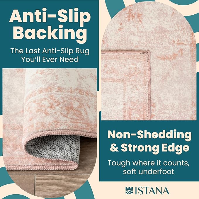 Istana Hallway Runner Rug 2x6 - Pink Kitchen Rugs Non Slip Washable -Silk's Soft Touch Carpet Runner - Stylish Rug for Home