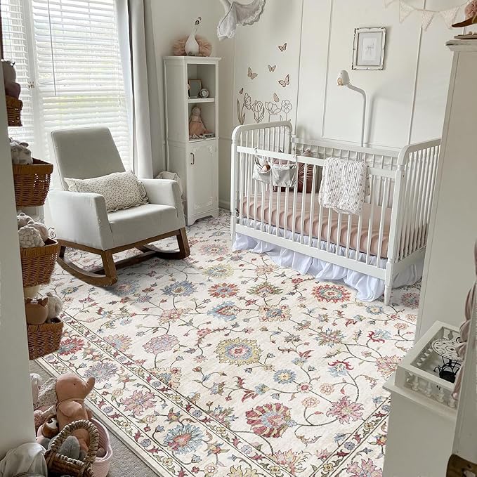 6x9 Area Rug for Living Room - Large Traditional Floral Washable Rugs for Bedroom Non-Slip Colorful Boho Dining Room Rug Low-Pile Cream Farmhouse Carpet Soft Vinatge Bohemian Foyer Rug