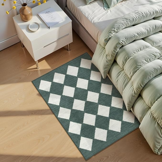 Lahome Checkered Washable 2x3 Green Kitchen Rugs Non Slip, Small Printed Indoor Door Mat for Entryway, Moroccan Trellis Ultra-Thin Throw Carpet for Bedroom Entrance Decor (2'x3',Dark Green)