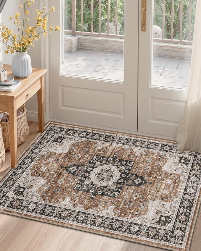 DEXI Area Rugs for Entryway 1'5"x2'6", Washable Low Pile Vintage Traditional Entry Rug Non Slip, Small Indoor Door Mat for Bedroom Kitchen Entrance Hallway, Brown