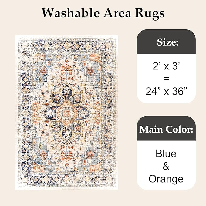 VK VK·LIVING Entryway Washable Rug 2'x3' Small Boho Bathroom Throw Area Rug Non Slip Doormat Indoor Front Door Machine Washable Carpet for Bathroom Kitchen Vintage (Blue Orange)