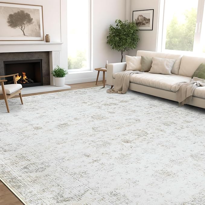 Washable 6×9 Area Rugs for Living Room, Vintage Floral Rug Soft Non Slip Stain Resistant Boho Carpet for Bedroom Dinning Room Kitchen Home Office 02 Beige