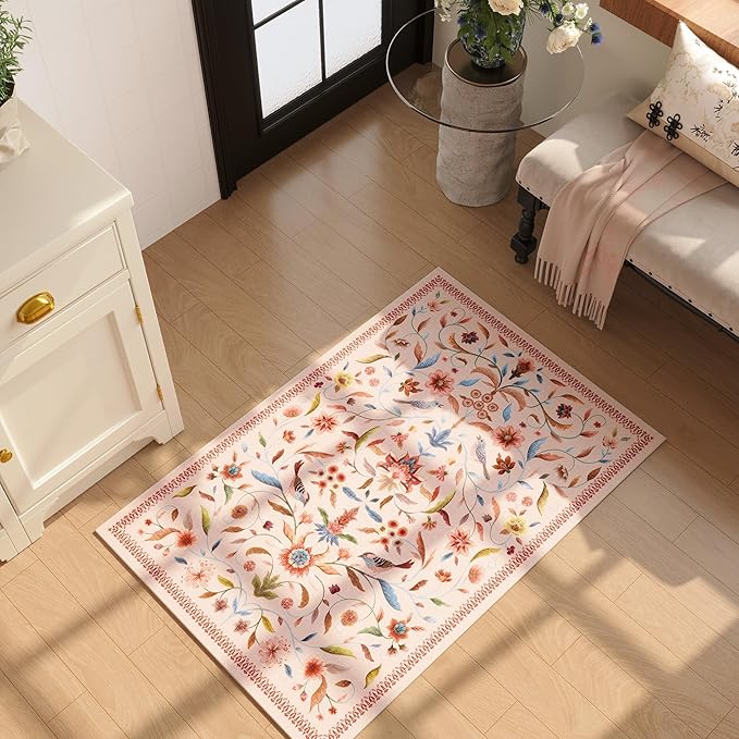 Vintage Medallion Floral Indoor Door Mat 2x3, Machine Washable Entryway Rug, Low Pile Soft Small Carpet, Non-Slip Area Rug for Entrance, Bedroom, Kitchen & Kids Room | Pink