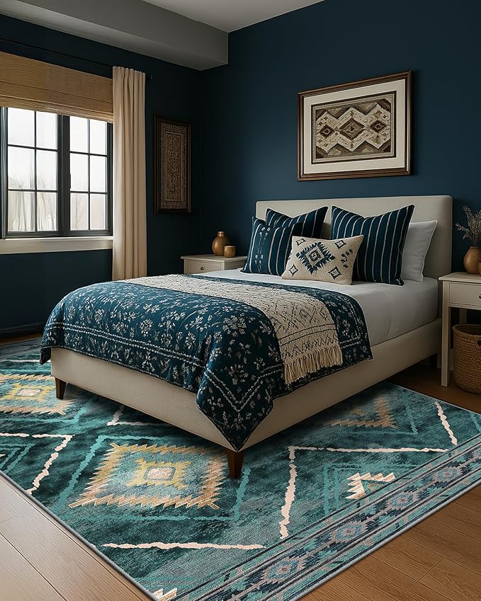 Area Rug 3x5 Rug Machine Washable Non-Slip Low Pile Print Pattern Western Rug for Living Room Bedroom Entryway Tribal Series -Teal/Green