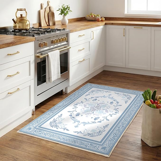 SOULFUL Medium Pile 2x3 Entryway Rug - Cozy Soft Underfoot Small Area Rug - Mist Blue Boho Floral - Washable Non-Slip - Perfect for Hallway Kitchen Bedroom Bathroom Indoor Entrance
