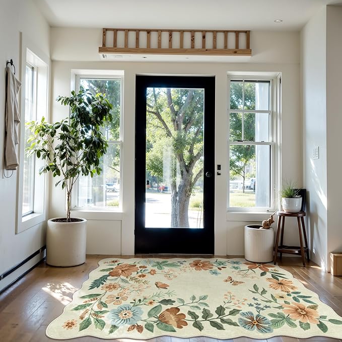 Lahome Floral Bedroom Rug,4x6 Washable Area Rugs for Living Room Dining Room, Non Slip Ultra-Thin Stain Resistant Boho Throw Carpet for ‎Office (4x6ft,Beige)