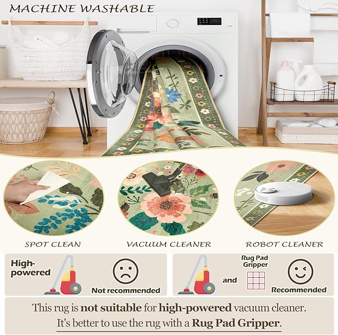 Floral 4x6 Area Rug Machine Washable Soft Print Boho Carpet Non Slip Doormat Low Pile Flower Area Rugs for Living Room Bedroom Nursery Kitchen Dining Room Indoor-Light Green