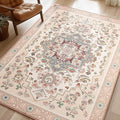 Phantoscope Washable Area Rug 4'x6' Non-Slip, Vintage Boho Rugs for Living Room, Bedroom, Dining Room, Persian Floral Medallion Pattern, Low-Pile Foldable Floor Carpet, Ivory Rose/Fall Bloom