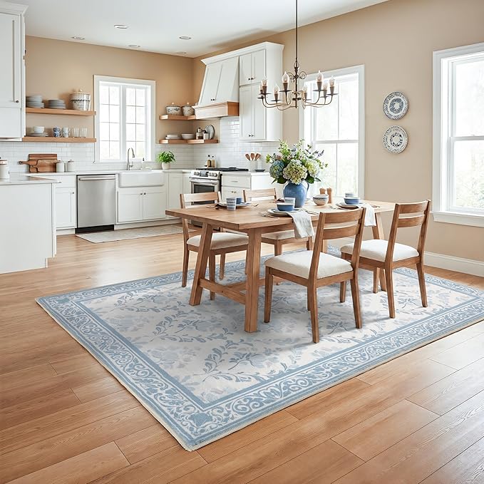 SOULFUL Medium Pile 4x6 Rugs for Living Room - Soft Underfoot Area Rug - Mist Blue Boho Floral - Washable Non-Slip - Perfect for Bedroom Kids Room Under Dining Table Office