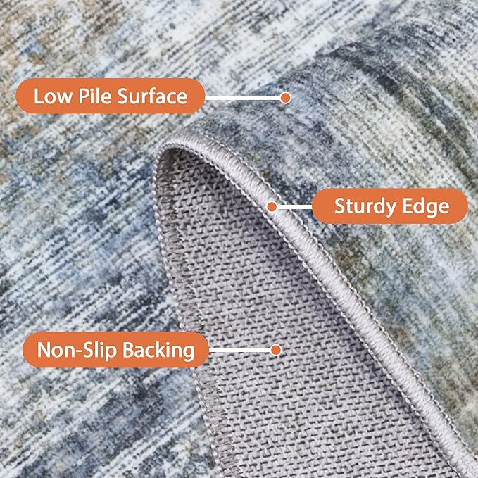 GENIMO Washable Area Rugs for Living Room, 8x10 Modern Non Slip Rugs, Low Pile Lightweight Soft Print Rug for Bedroom, Dining Room, Home Office, Denim Blue Gray