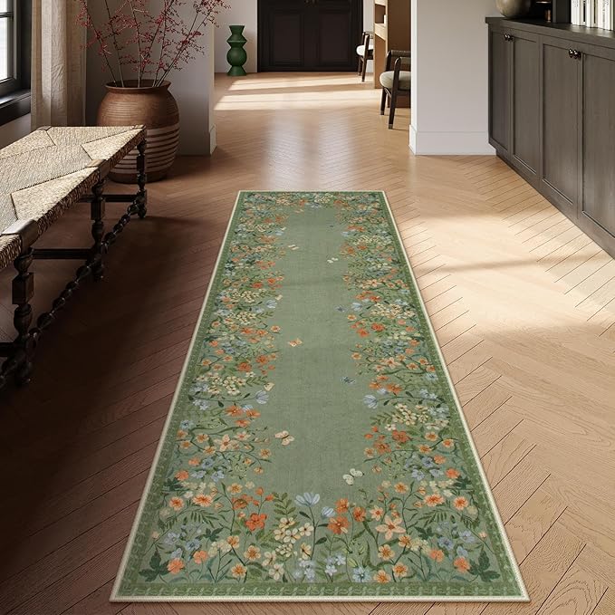 Lahome Boho Floral 2'6"x8 Green Washable Hallway Kitchen Runner Rug, Non Skid Bathroom Carpet Runners, Soft Non-Slip Indoor Rug Runners for Entryway Laundry Bedroom(Green,2'6"x8)