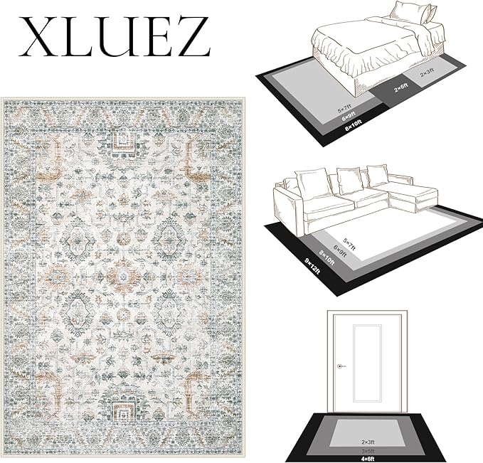 Area Rug 6x9 Living Room Rug, Machine Washable Vintage Distressed Boho Area Rug Non-Slip Soft Low Pile Large Indoor Rugs for Bedroom Kitchen Dining Room Office(Brown Green,6'x9')