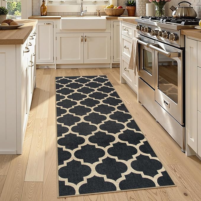 Lahome Moroccan Easy Jute Runner Rug 2x6, Black Washable Runner Rugs for Outdoor Porch Kitchen, Geometric Trellis Woven Long Carpet for Laundry, Thin Non Slip Farmhouse Porch Decor