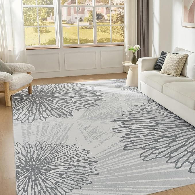 WITSHOCK 10x12 Washable Rug for Living Room,Modern Floral Distress Print Pattern Area Rugs,Stain Resistant with Non Slip Backing Carpet for Dining Room,Bedroom & Home Decor,Grey White