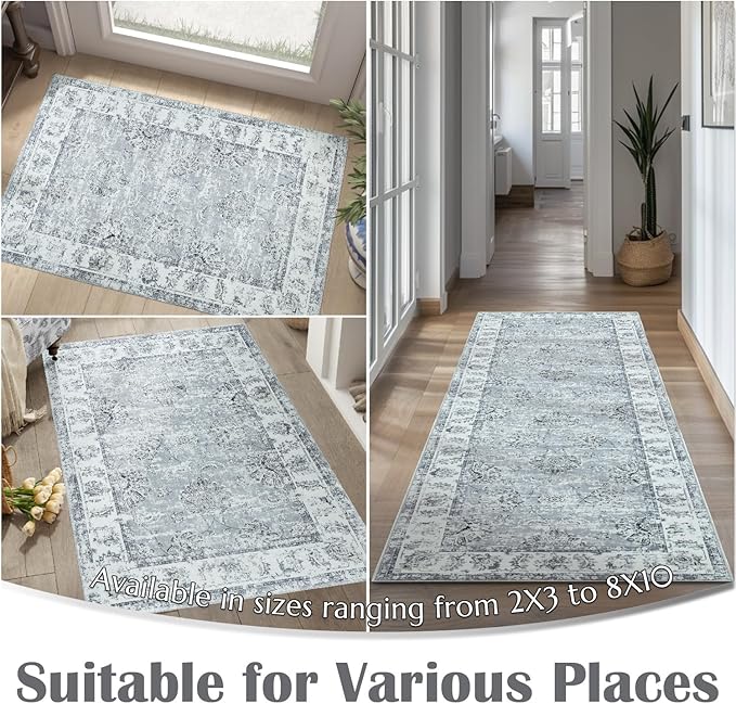 jinchan Fiora Runner Rug 2x5 Washable Hallway Runner- Vintage Floral Non Slip Low-Pile Soft Thin Kitchen Rug Distressed Carpet for Farmhouse Bedroom Entryway Laundry Room(2x5ft, Grey)