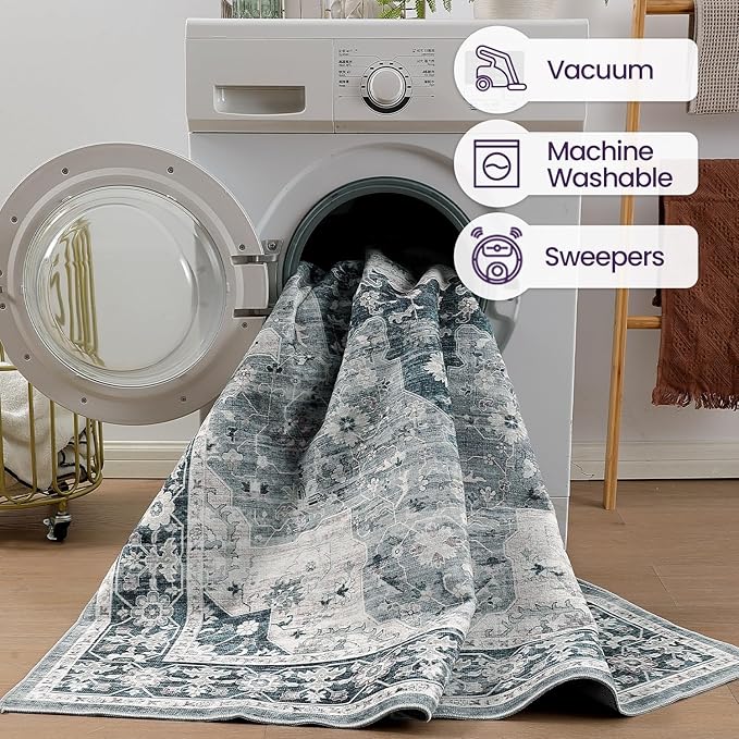DEXI 5x8 Area Rug for Living Room, Washable Vintage Farmhouse Thin Rug Indoor Floor, Non Slip Stain Resistant Low Pile Carpet for Dining Room Bedroom Office, Blue Grey