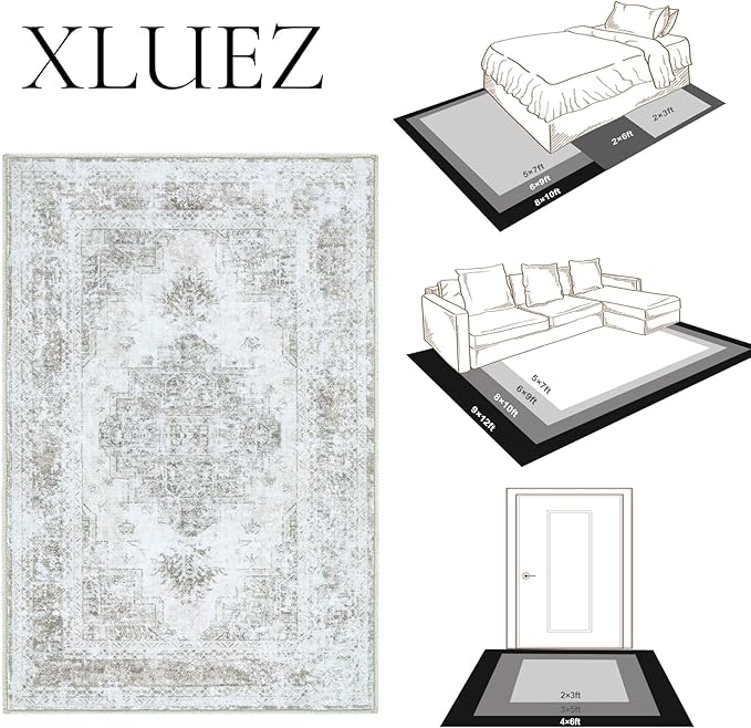 Area Rug 8x10 Living Room Rug, Machine Washable Vintage Distressed Medallion Rug Non-Slip Soft Low Pile Large Indoor Rugs for Bedroom Kitchen Dining Room Office(Taupe,8'x10')