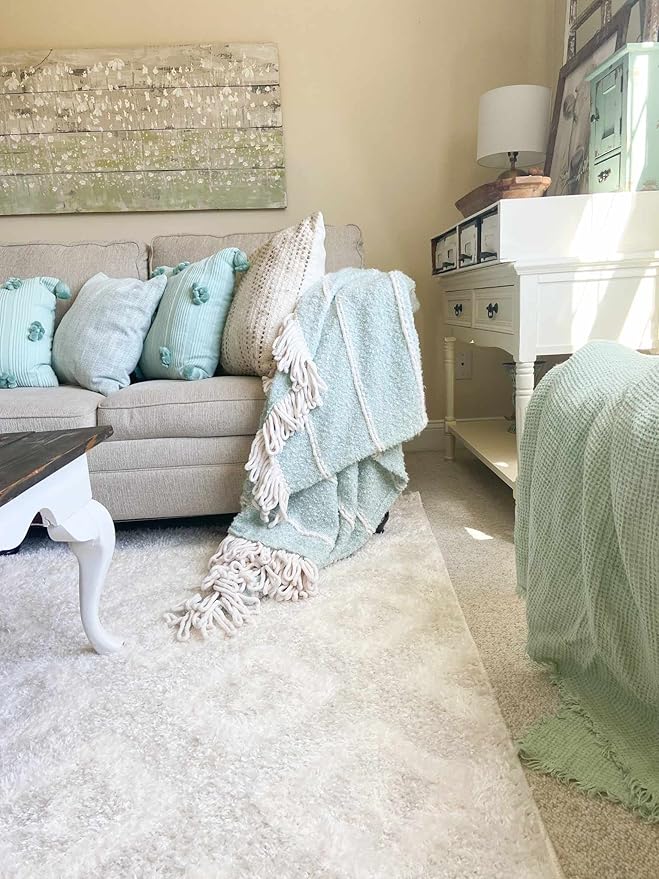 Hauteloom Tilos Moroccan Farmhouse Living Room Bedroom Nursery Shag Area Rug - Shaggy Carpet - Trellis Pattern - High Plush Pile - Cream, Pink, Beige - 7'10" x 10'