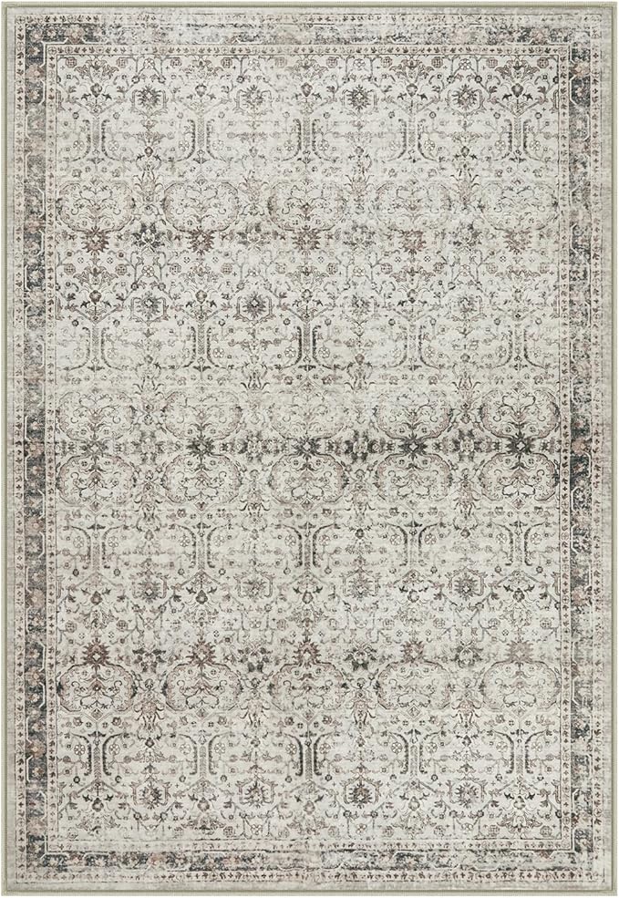 Moynesa Vintage Washable Grey 5x7 Living Room Rug, Neutral Area Rug for Bedroom Dining Room Kitchen, Low Pile Soft Non-Slip Retro Carpets for Office Indoor Nursery