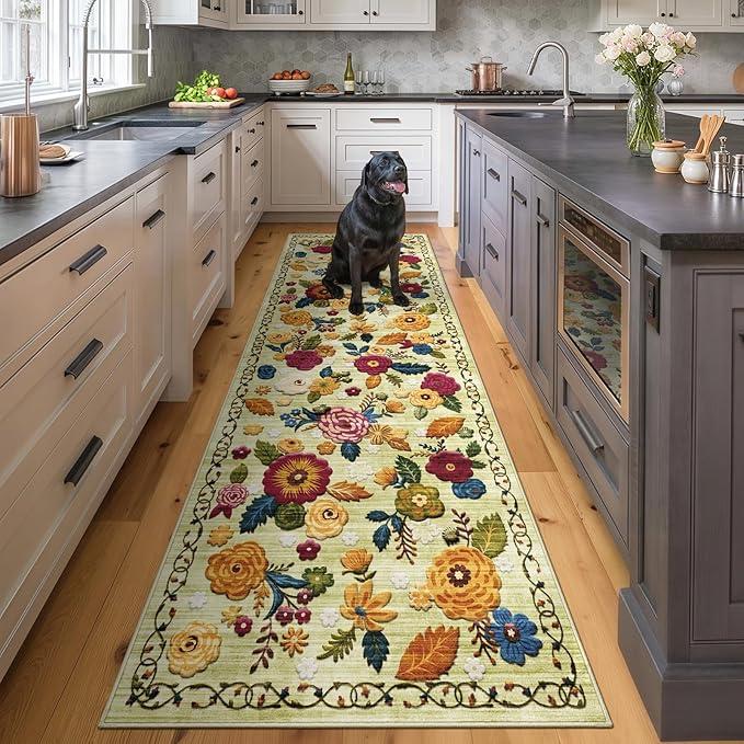 2'6''x8' Machine Washable Runner Rug, Kitchen Hallway Area Rug Green Vintage Boho Floral Ultra Non-Slip Low Pile Soft Faux Wool Carpet, Kids and Pets Friendly for Bedroom Entryway Nursery Decor Rug