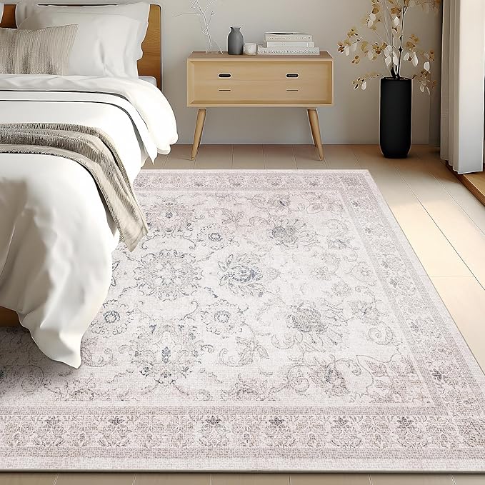 Phantoscope Washable Area Rug 6'x9' Non-Slip, Vintage Neutral Rugs for Living Room, Bedroom, Dining Room, Distressed Boho Floral Medallion Pattern, Low-Pile Foldable Floor Carpet, Cream Beige/Neutral
