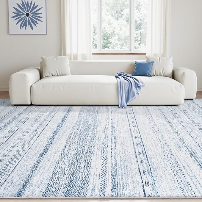 8x10 Area Rugs for Living Room Machine Washable Rug Distressed Indoor Carpet Neutral Moroccan Boho Rug Ultra Soft Area Rug for Bedroom Dining Room Playroom Office, Blue