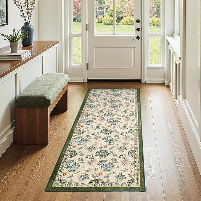 jinchan Elora 2x5 Floral Runner Rug for Hallway Washable Kitchen Runner Vintage Romance Design Non Slip Thin Indoor Floor Cover Low-Profile Throw Carpet for Entryway Bedroom Porch, Green/Beige