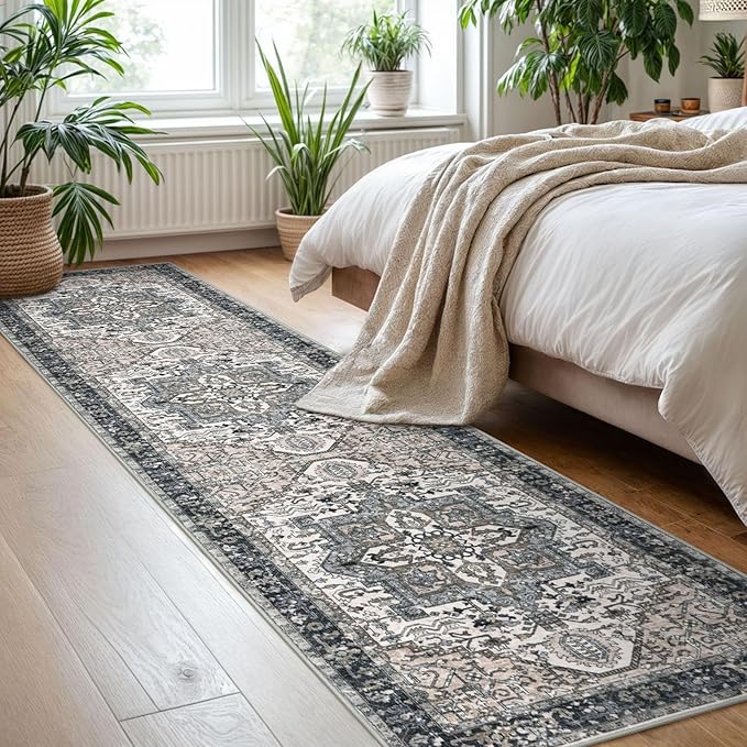 KOZYFLY Runners for Hallways 2x8 Ft Washable Kitchen Runner Rug Boho Entry Rug for Hallways Indoor Printed Faux Wool Long Floor Carpet for Entryway Bedroom Kitchen Hallway Use, Black/Taupe/Beige