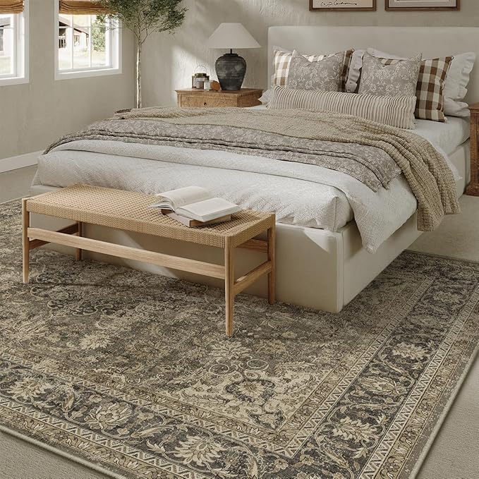 12x15 Brown Area Rug Vintage Living Room Bedroom Washable Carpet Non-Slip Soft Low Pile Distressed Extra Indoor Large Throw Rug for Dining Room Office