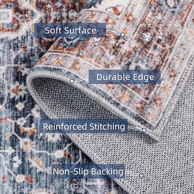 Boho Runner Rug 3x8 Low Pile Rug Runners for Hallway Kitchen Distressed Carpet Runner Rug Non-Slip Brown/Navy Blue
