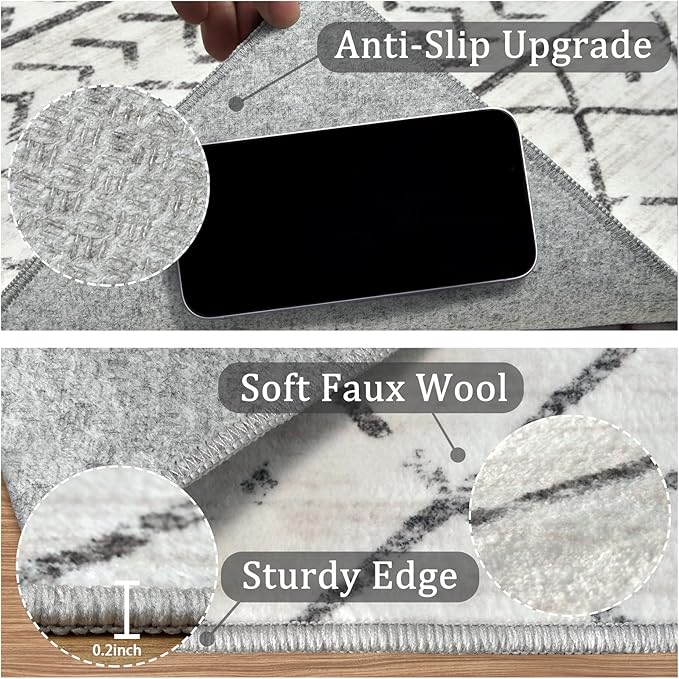 5x7 Machine Washable Area Rug for Living Room, Grey White Vintage Moroccan Rug Large Non-Slip Low Pile Soft Faux Wool Carpet, Kids and Pets Friendly for Bedroom Dining Room Farmhouse Home Decor Rug