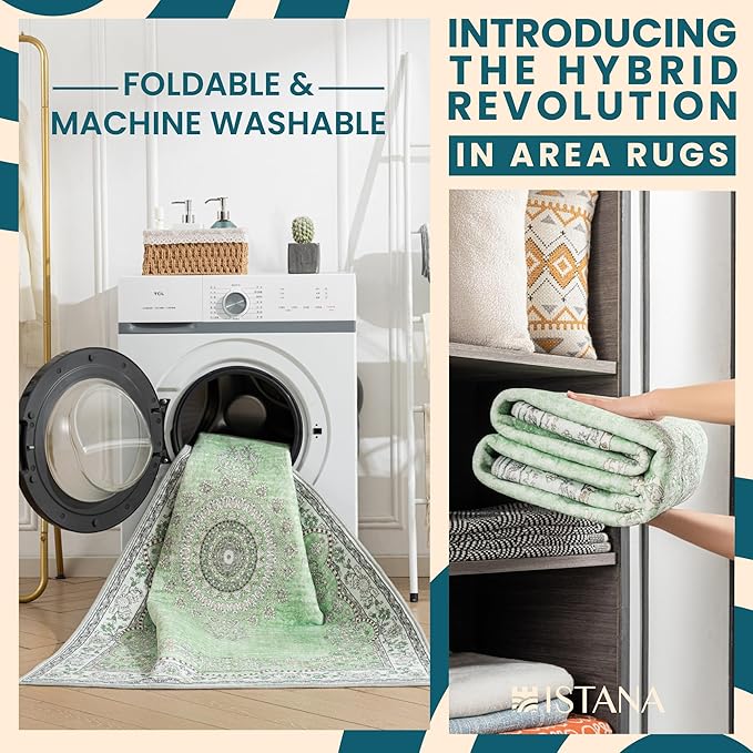 Istana 2x3 Area Rug - Green Boho Rugs for Living Room 2x3 - Foldable Small Rugs for Bedroom - Stain Resistant Washable Rug Non Slip - Eco-Friendly Area Rugs Indoor