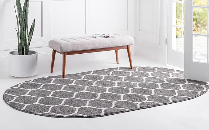 Rugs.com Lattice Frieze Collection Rug – 3' 3 x 5' 3 Oval Dark Gray Medium Rug Perfect for Living Rooms, Large Dining Rooms, Open Floorplans