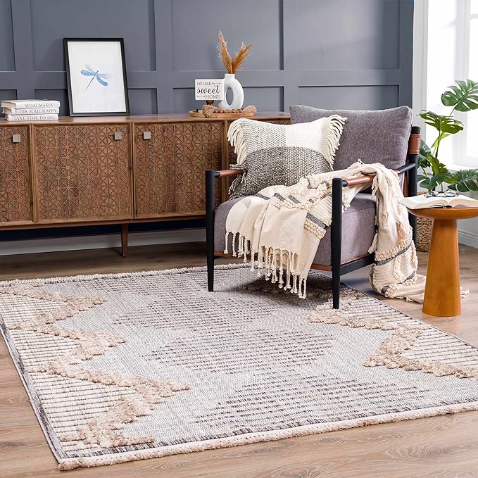 Hauteloom Maulawin Farmhouse Living Room Bedroom Southwestern Tribal Area Rug - Soft Shaggy High Low Carpet - High Pile - Bohemian, Boho - Gray, Brown, Beige, Cream - 6'7" x 9'