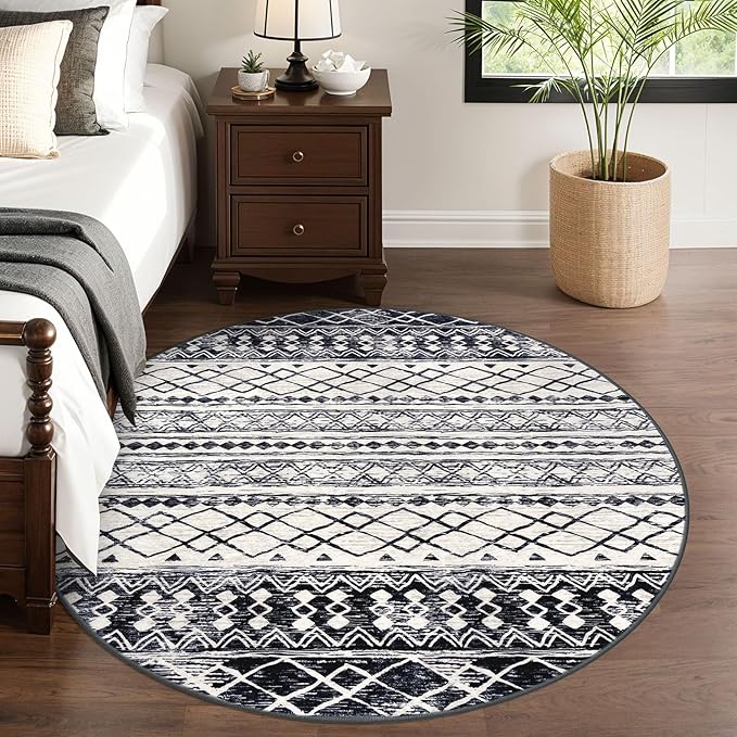 KUTA 6Ft Round Boho Rug for Living Room, Moroccan Washable Circle Area Rugs Non Slip, Black Navy Blue Soft Geometric Bedroom Throw Low-Pile Carpet for Nursery Dorm