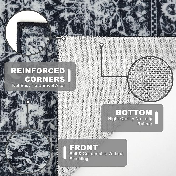 KILOCOCO Area Rug 3x5 Entryway Rug Washable Printed Vintage Floral Rubber Backed Non Slip Indoor Kitchen Rugs for Living Room Laundry Room Playroom Mudroom Moroccan Area Rugs, Black/Navy/White