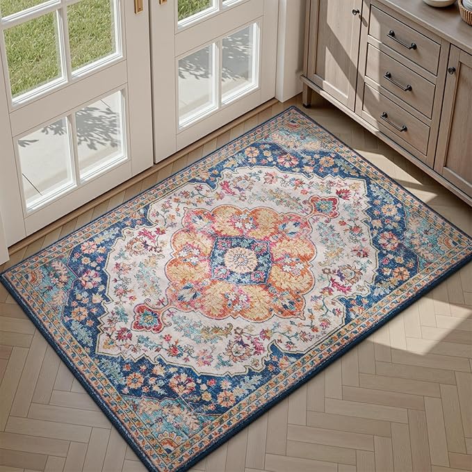 tchdio 2x3 Entryway Rug, Non Slip Front Door Mat Small Washable Rugs, Soft Low Pile Small Area Rug Vintage Doormat, Stain Resistant Rug for Entrance, Kitchen (Multi, 2'x3')