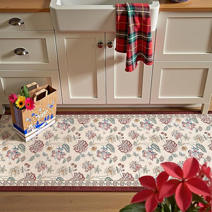 jinchan Elora 2x5 Floral Runner Rug for Hallway Washable Kitchen Runner Vintage Romance Design Non Slip Thin Indoor Floor Cover Low-Profile Throw Carpet for Entryway Bathroom Bedroom Porch, Red/Beige