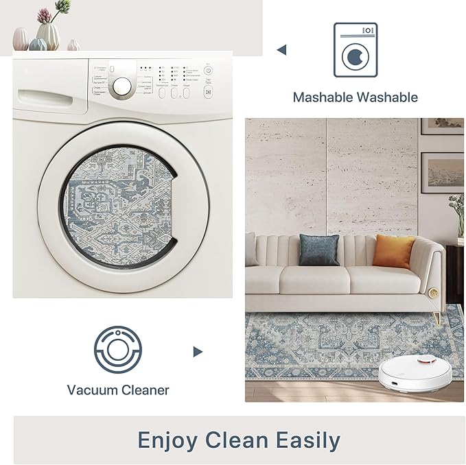 5x7 Area Rug Machine Washable Boho Rug for Living Room,Ultra-Thin Low Pile Carpet,Lightweight Indoor Printed Rug,Non Slip Floral Area Rug for Bedroom, Dining Room, Home Office,Light Blue