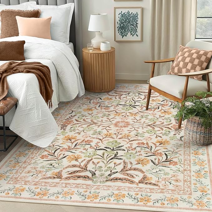 Lahome Fall Floral Washable Area Rugs 8x10, Boho Living Room Large Rugs Non-Slip for Bedroom, Soft Rubber Backed Burnt Orange Carpet for Dining Playroom Decor, Ochre Fall
