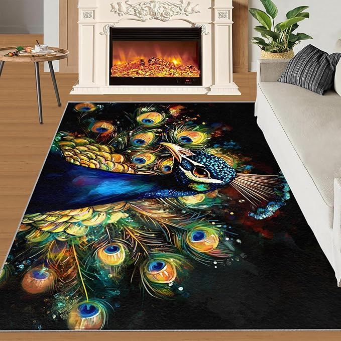 Peacock Rugs for Bedroom - 5x8 Area Rug - 3D Peacock Rugs for Living Room, Abstract Watercolor Animal Rug, Non-Slip Washable Home Decor Carpet