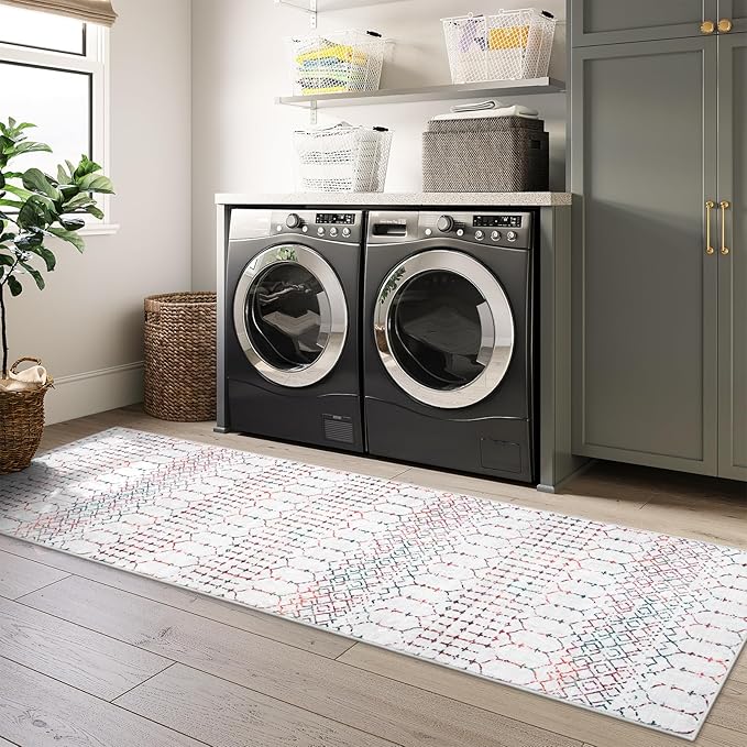 Lahome Moroccan Long Kitchen Rugs Runners 2x8 Rug Runners for Hallways Low-Profile Non Slip Rubber Backed Carpet, Geometric Print Distressed Floor Mat for Entryway Laundry Room Foyer